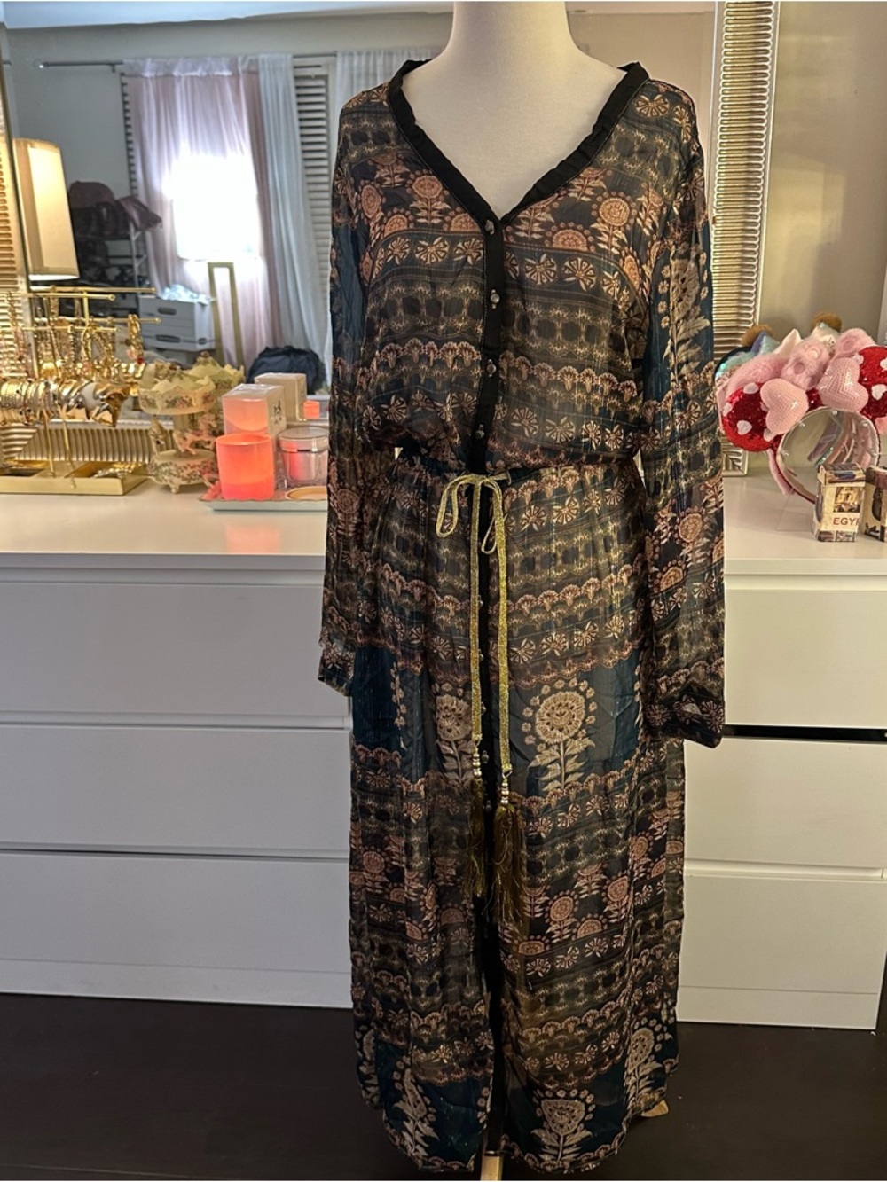 Aratta Navy Floral Paisley Maxi Dress with Gold Accents